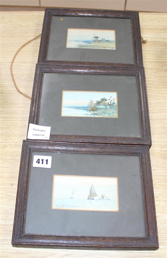 J. T. Macdonald (Exh 1889-1919) three watercolours, Shipping off the coast and Coastal landscapes, two signed and dated 1900, largest 6